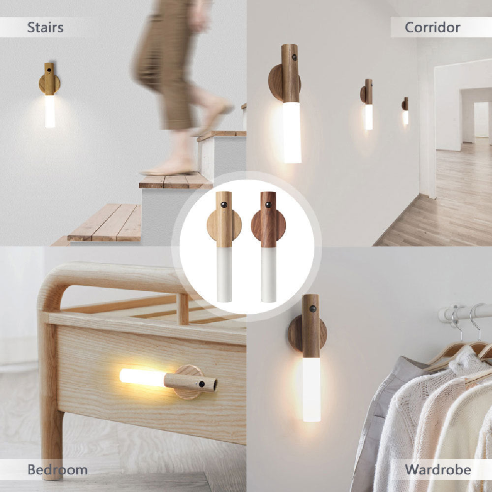 Magnetic Motion Sensor LED Night Light – Warm Wood USB Rechargeable Wall Lamp