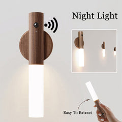 Magnetic Motion Sensor LED Night Light – Warm Wood USB Rechargeable Wall Lamp