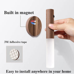 Magnetic Motion Sensor LED Night Light – Warm Wood USB Rechargeable Wall Lamp